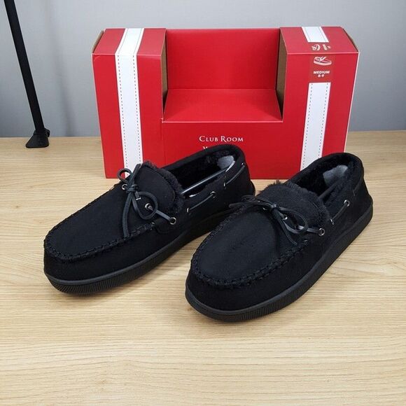 CLUB ROOM Mens Moccasin Slippers Size 8 - 9 Black Faux Suede Plush Lined Shoes - Picture 1 of 5